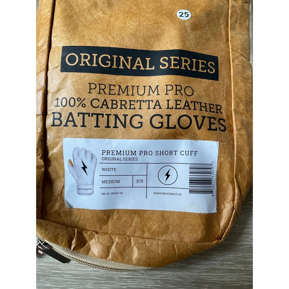 Bruce Bolt Batting Gloves Premium Pro Short Cuff White/Tan Youth Medium New WTag